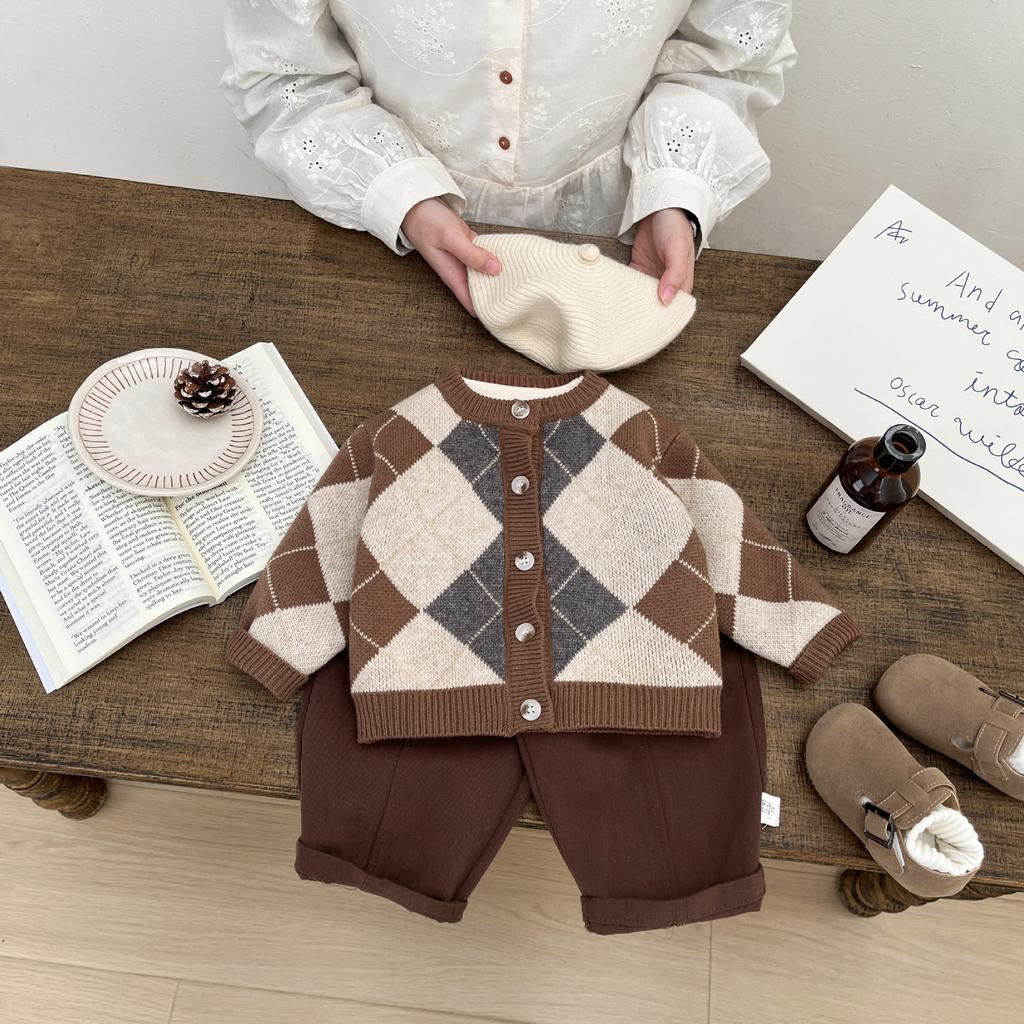 Early Spring Boys Retro Sweater Spring And Autumn New Baby Contrasting Color Fashion Knitted Cardigan Sweater