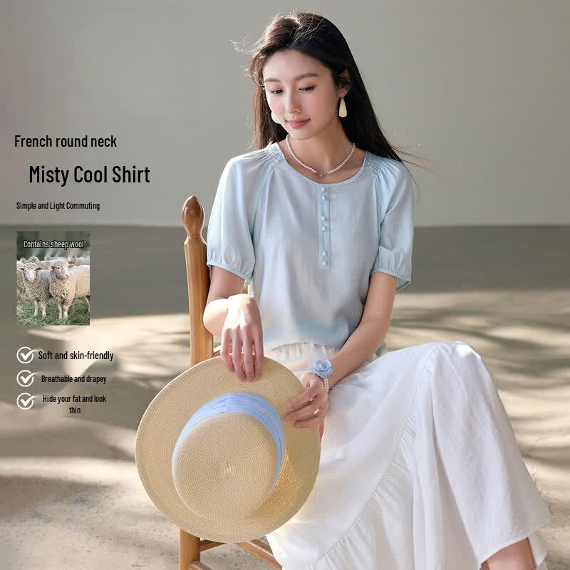 Korean Style Gathered Puff Sleeve Summer Top XL