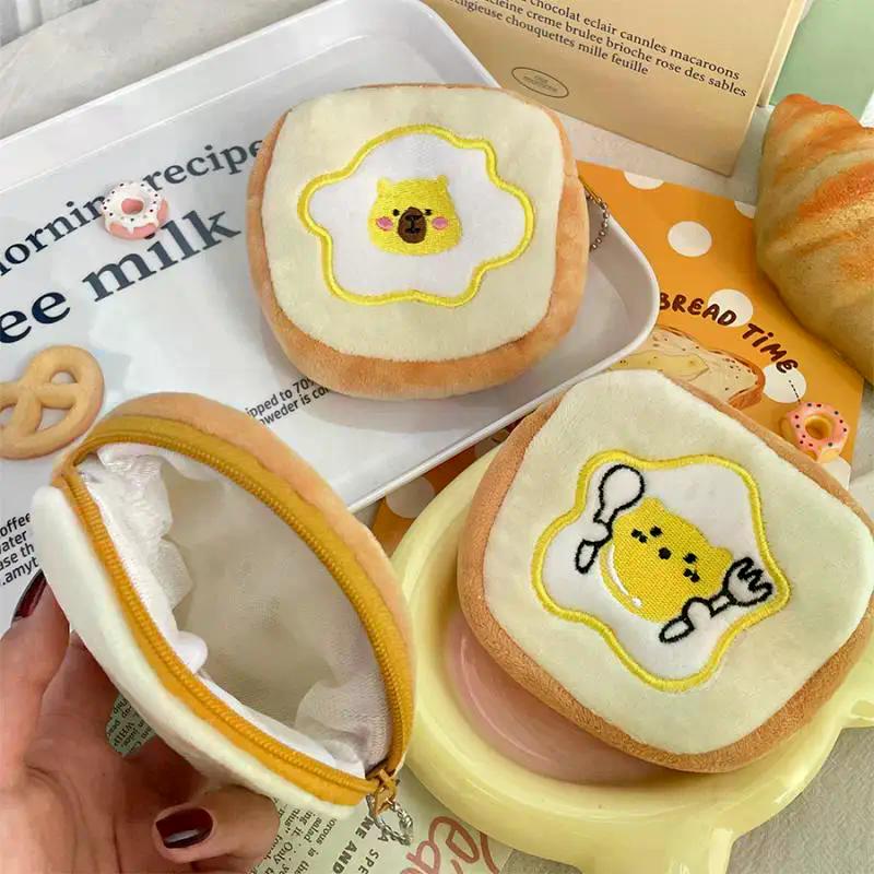 Cute Cartoon Egg Toast Plush Coin Purse Soft Money Change Pouch Small Wallet Keys Earphone Storage Bags Zipper Pouch Kid Gifts