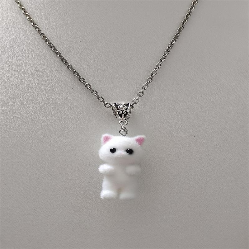 Cute Resin Flocked 3D Cat Necklace,Cartoon Animal Pendant,Cat Jewelry,Holiday Party Gift,Cat Lover Gift
