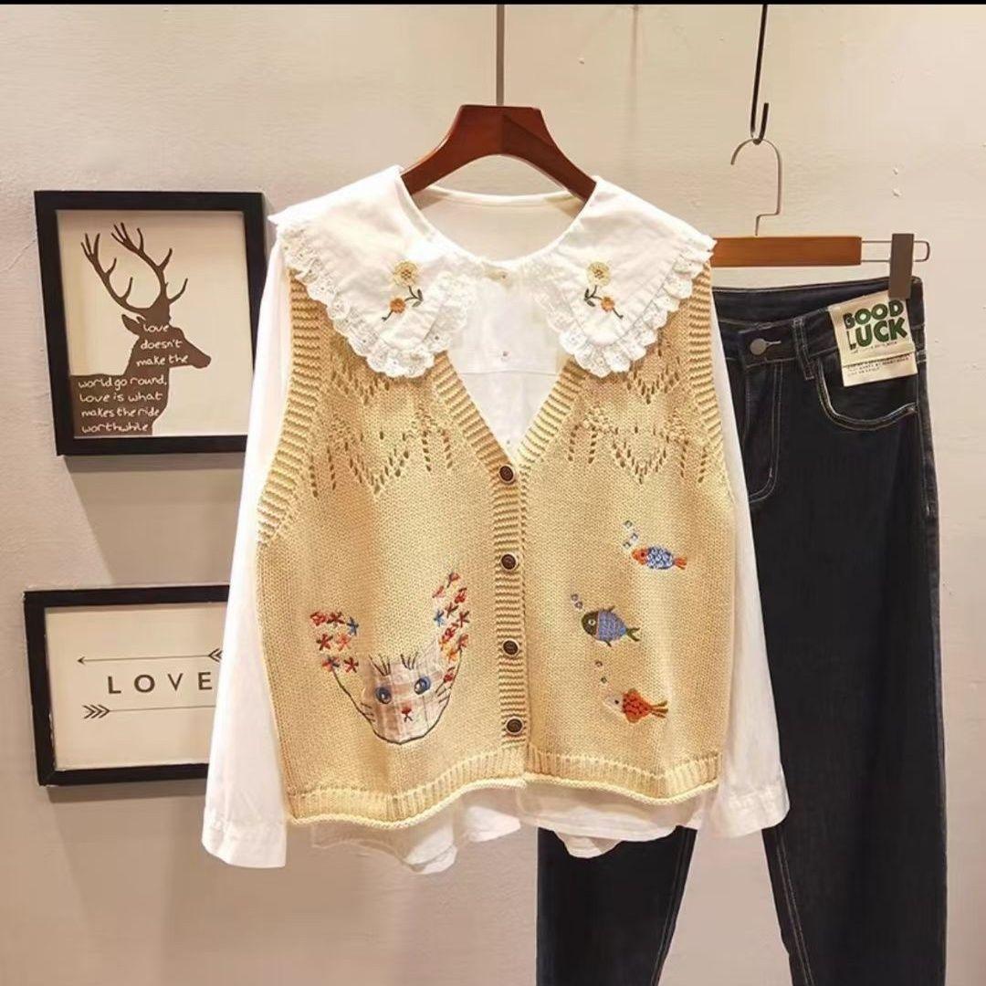 

Women s Knitted Vest with Kitten and Fish Embroidery Loose Cardigan Top 2XL