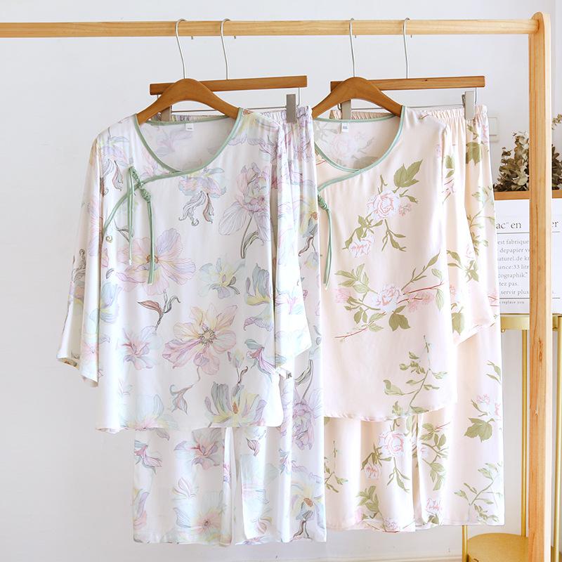 Nuovo Set Pigiama da Donna in Cotone Viscosa Primavera/Estate Bottone Cinese Arredamento per la Casa Set Due Pezzi con Stampa Sottile Pigiama