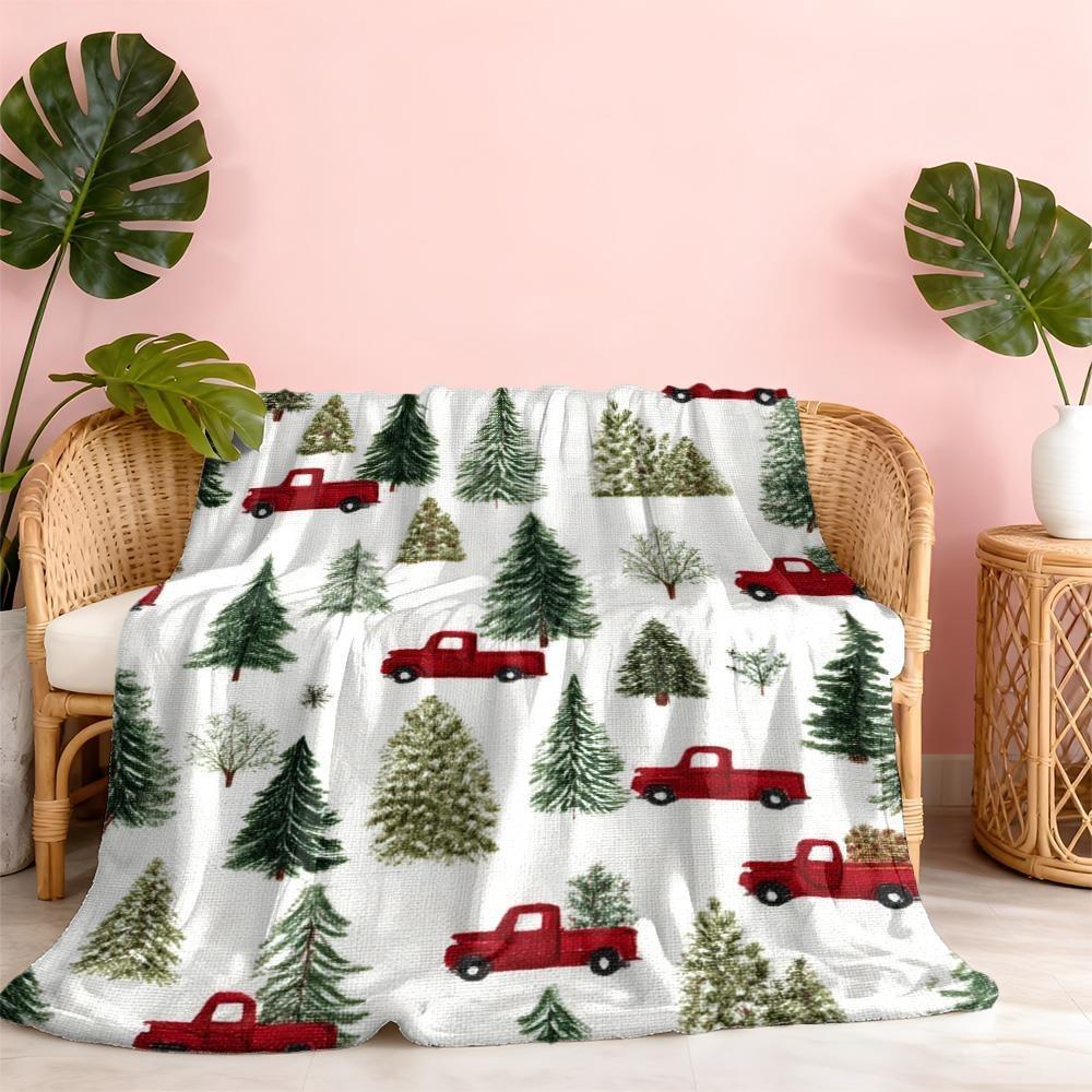Retro Christmas Truck Pine Tree Print Throw Blanket Vintage Farmhouse Soft Warm Bed Couch Holiday Home Decor Blanket All Season