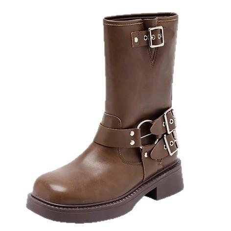 Brown thick-soled heightening Martin boots women's four-season British style retro versatile western cowboy short boots locomotive boots