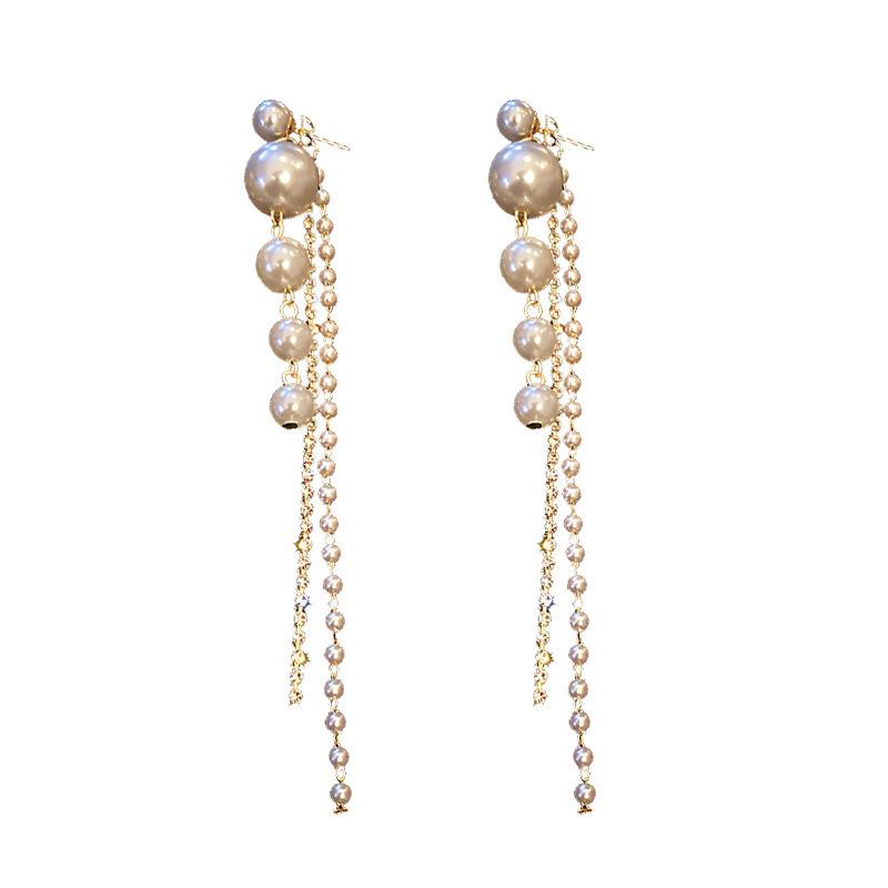 Diamond-set Pearl Fringed Earrings European and American Personality Long Earrings Temperament Trendy Earrings
