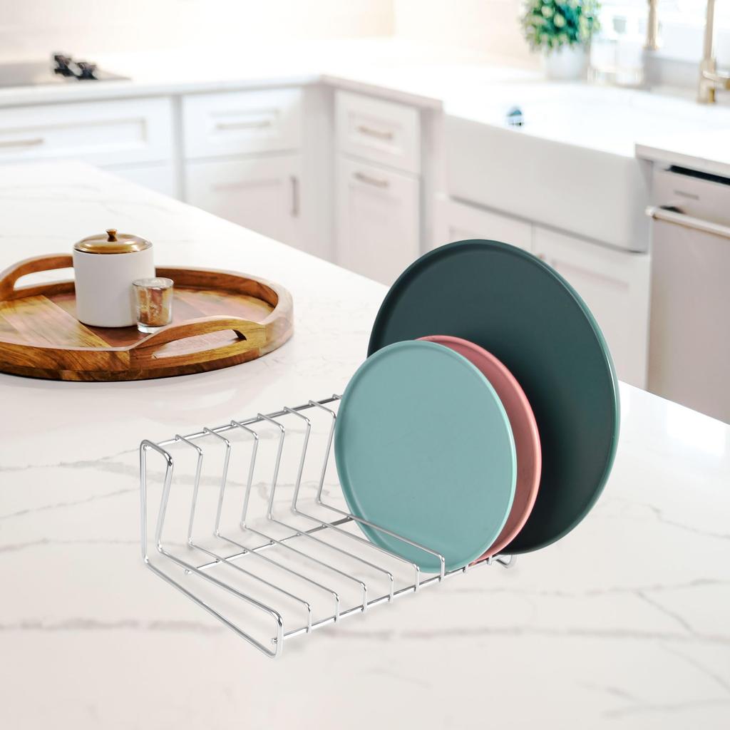 IMEEA Dish Stand, Dish Drying Rack, Plate Holder, W26×D18×H11.5cm, Plate and Pot Lid Storage Rack, Stainless Steel, 8 Compartments, Space-Saving, Silv