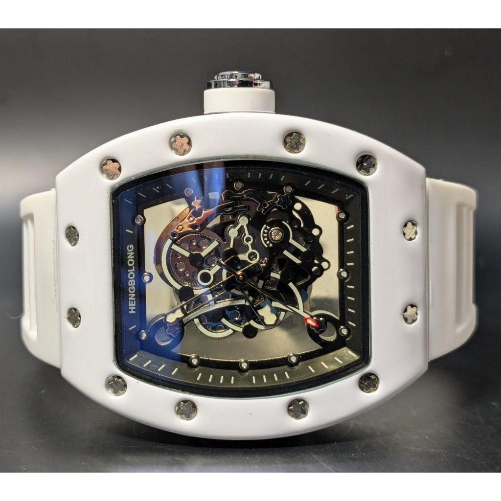 Used New Watch Richard Mille Type Quartz Homage Watch Rubber Tonneau White Skeleton