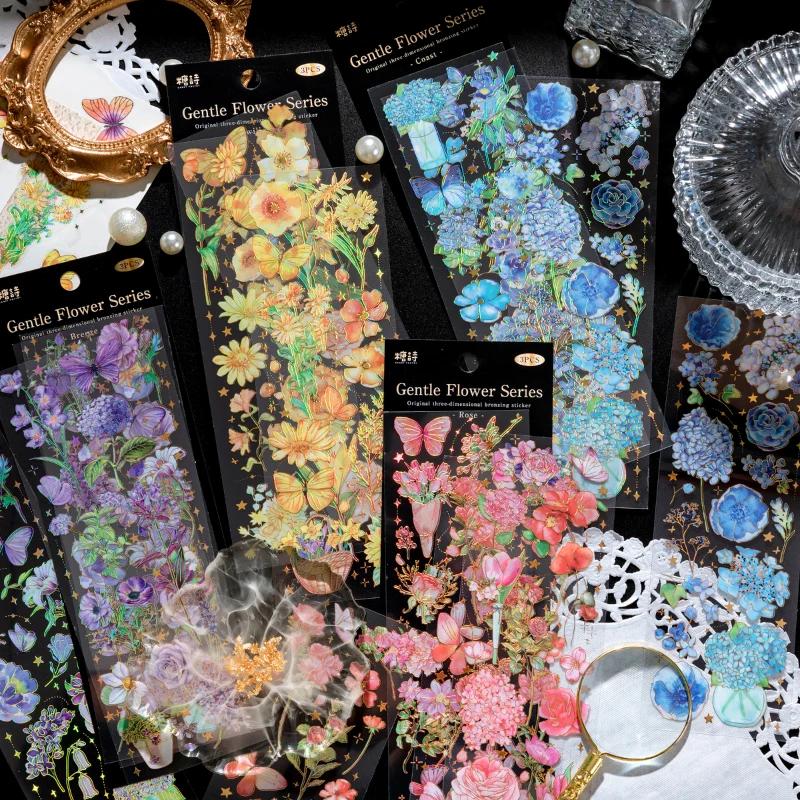3pcs/pack Gilding Craft PET Stickers Floral Sticker DIY Cut Collage Junk Journal Decor Scrapbooking Waterproof Stickers