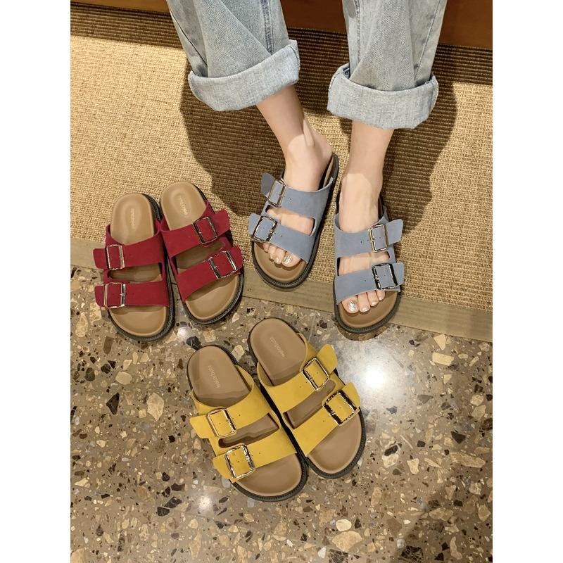 Sheepskin version comfortable lazy double buckle with versatile thick-bottomed half slippers women's summer outdoor sandals
