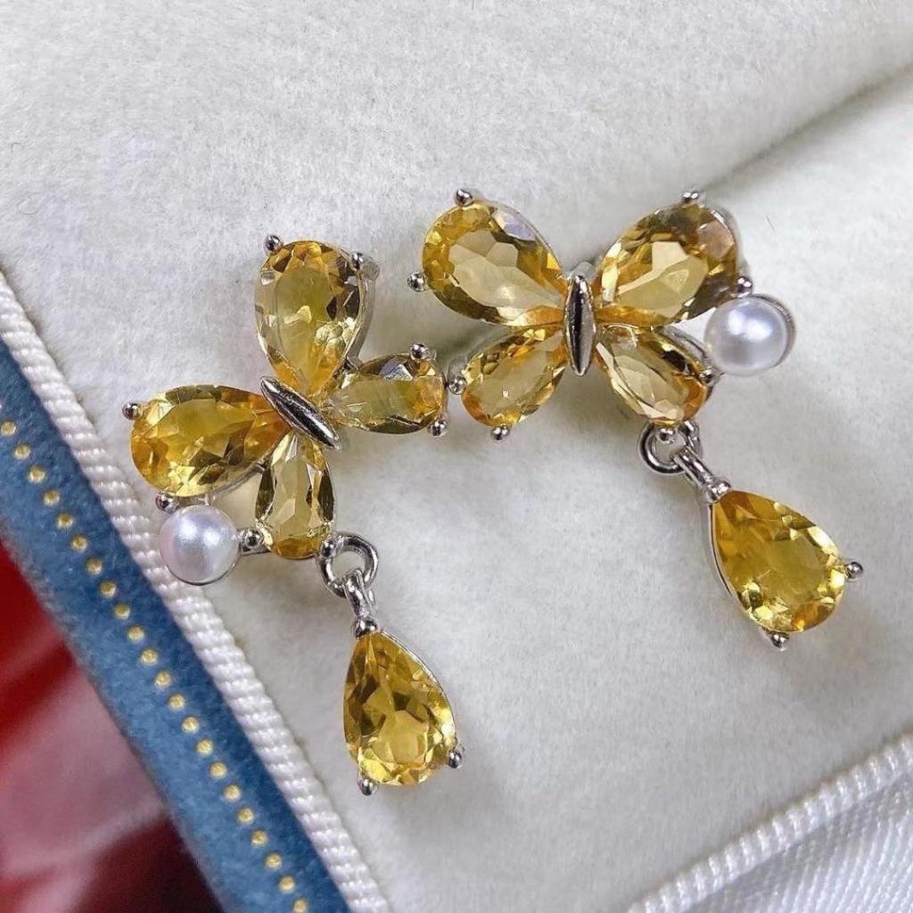 Citrine Stud Earrings: S925 Silver with Natural Design