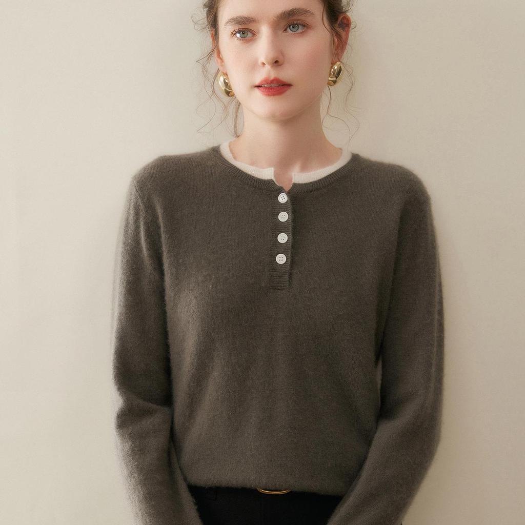 Autumn/Winter 2025 Women's Cashmere Sweater: Round Neck, Button-Up, Loose Fit, Color Block Long Sleeve Knit
