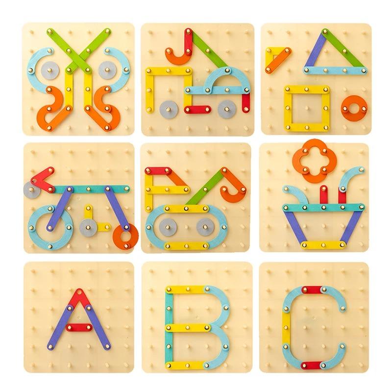 Children Wooden Toys Creative Board Nail Board Geometric Column Set Construction Puzzle Geometric Pegboard Montessori Sensory