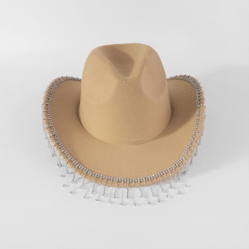 Trendy Cowboy Hat Denims Hat with Sparkling Rhinestones and Fringe Detail for Outdoor Activities Parties Halloween Hat
