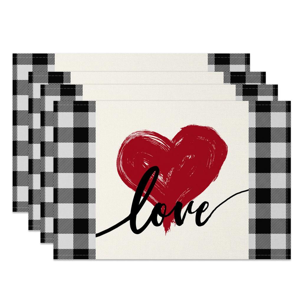 Heart Shape Placemats Romantic Love Pattern 4pc Linen Dining Mats Heat Resistant Valentine's Day Wedding Anniversary Party Decor