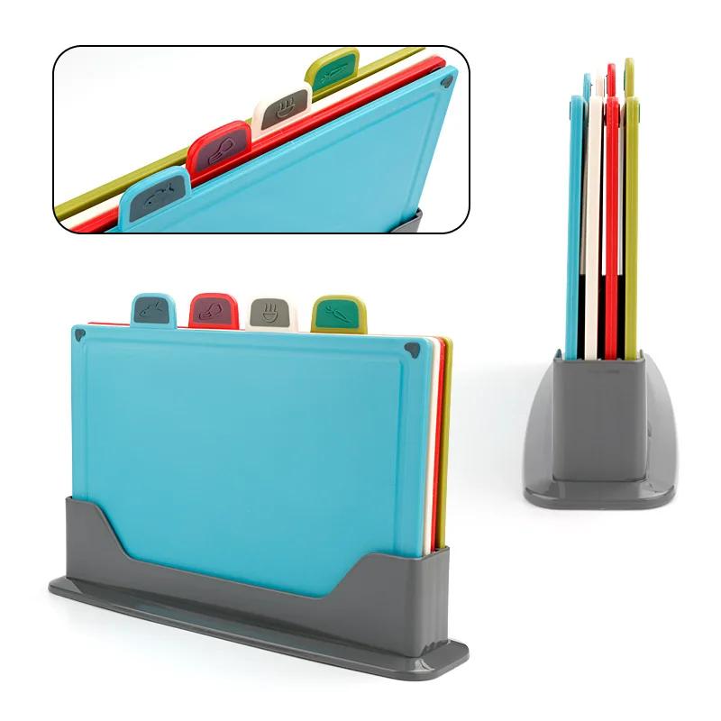 

4 шт. Набор разделочных досок с держателем для кухни, антибактериальный пластиковый разделочный блок, пластиковый, пригодный для мытья в посудомоечной машине, рождественские