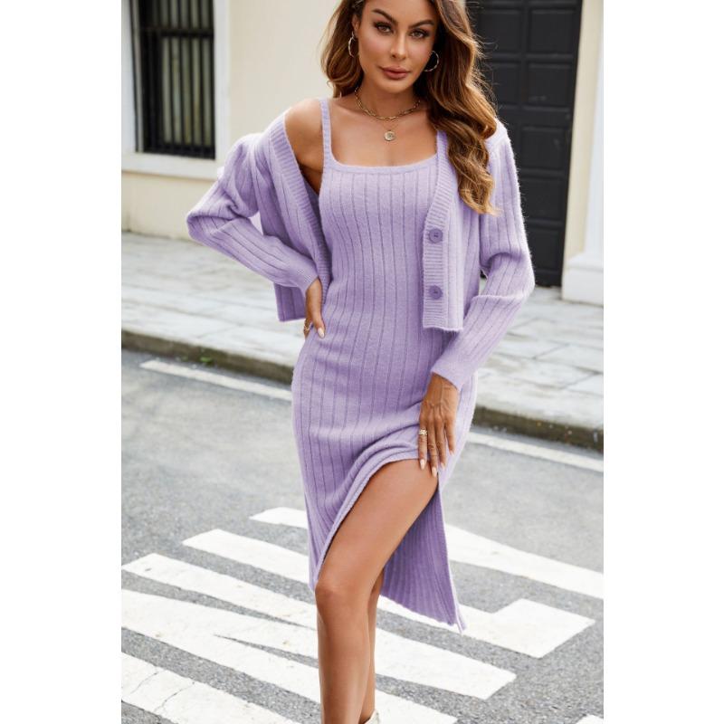 

Вязаное платье осень-зима из двух частей, однотонный кардиган с халтером, вязаный комплект с длинными рукавами, удобный, универсальный и модный S фиолетовый