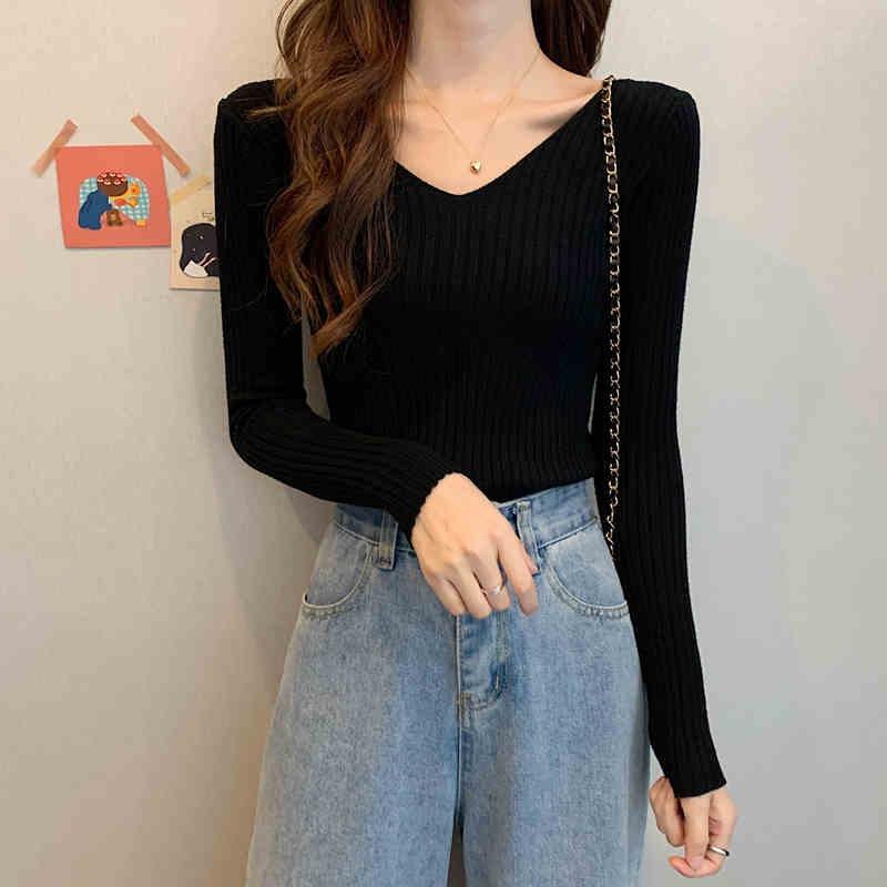 Autumn and Winter New Slim Fit V-neck Pullovers Sweaters Women Long Sleeve Base Knitted Sweater for Women Fashion Solid Casual Knitwear Jumpers 25671