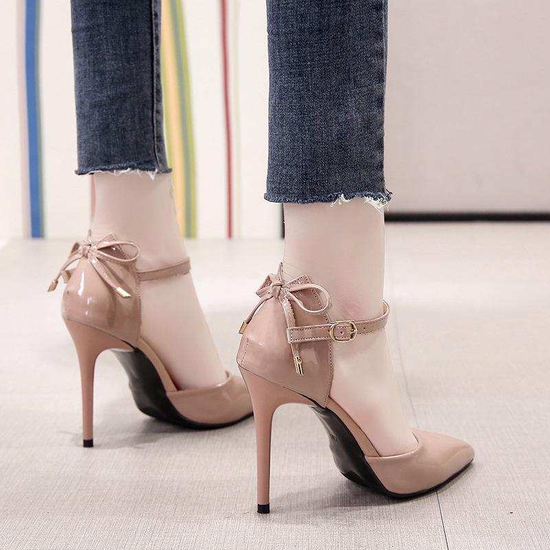 Baotou sandals women's new bow high heels women's shoes sexy thin heels one-button women's sandals