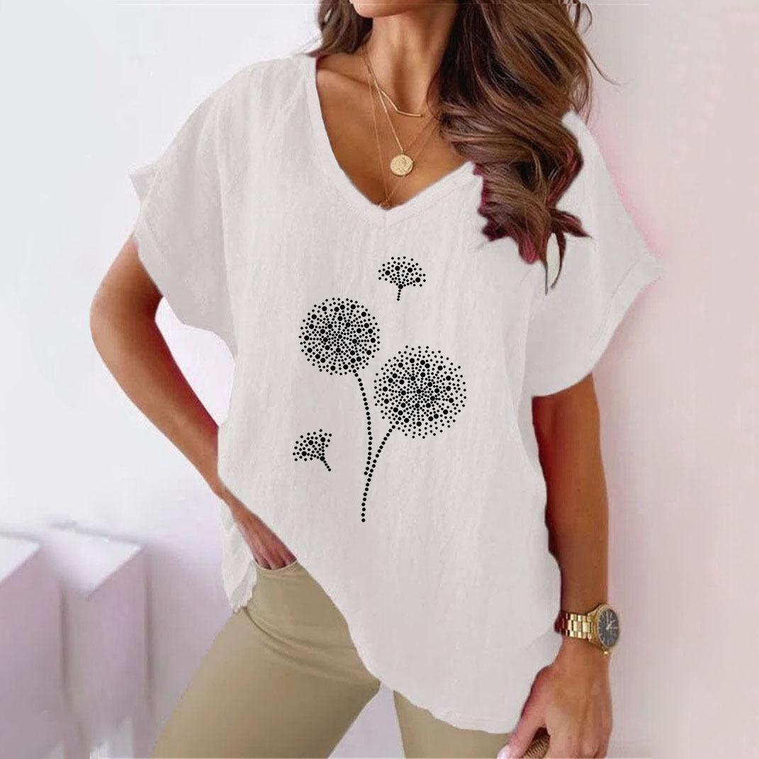 

Лето 2023, женская повседневная хлопковая конопляная футболка больших размеров с цветочным принтом и v-образным вырезом, футболка с короткими рукавами и летучей мышью S белый