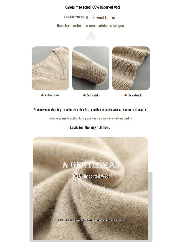 Men's 100% Pure Wool V-Neck Sweater, New Autumn/Winter Business Casual Soft Knit, Long-Sleeve Base Layer.