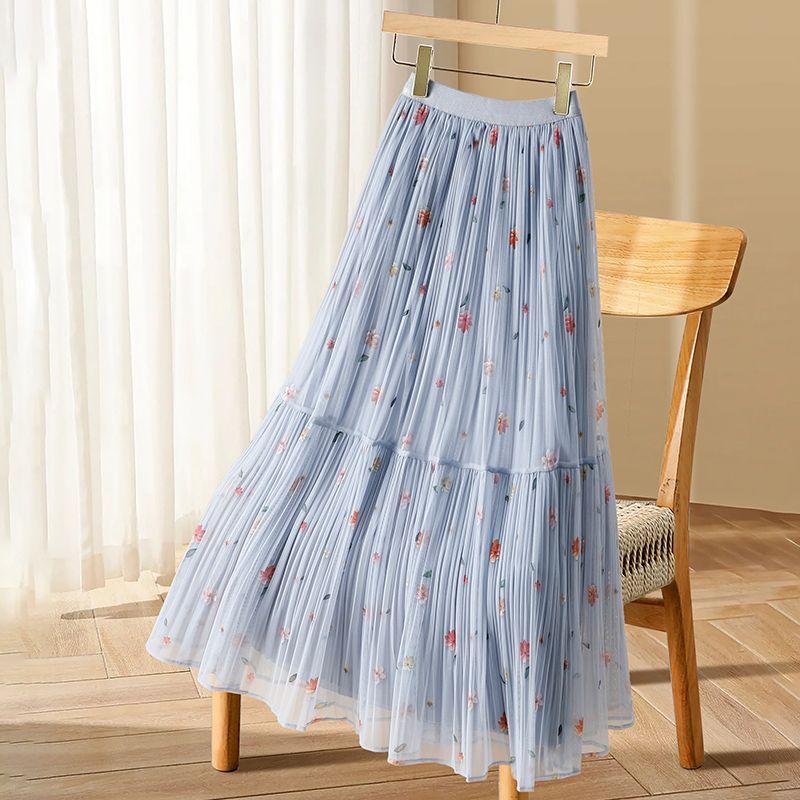 Floral Midi Skirt for Women High Waist Mid Length A-line Pleated Skirt Large Swing Yarn Skirt