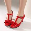 FOREADA Women Patent Leather Mary Janes Heels Round Toe Thick High Heels Buckle Bow T-Tied Pumps Ladies Fashion Shoes Sping Autumn Pink 46