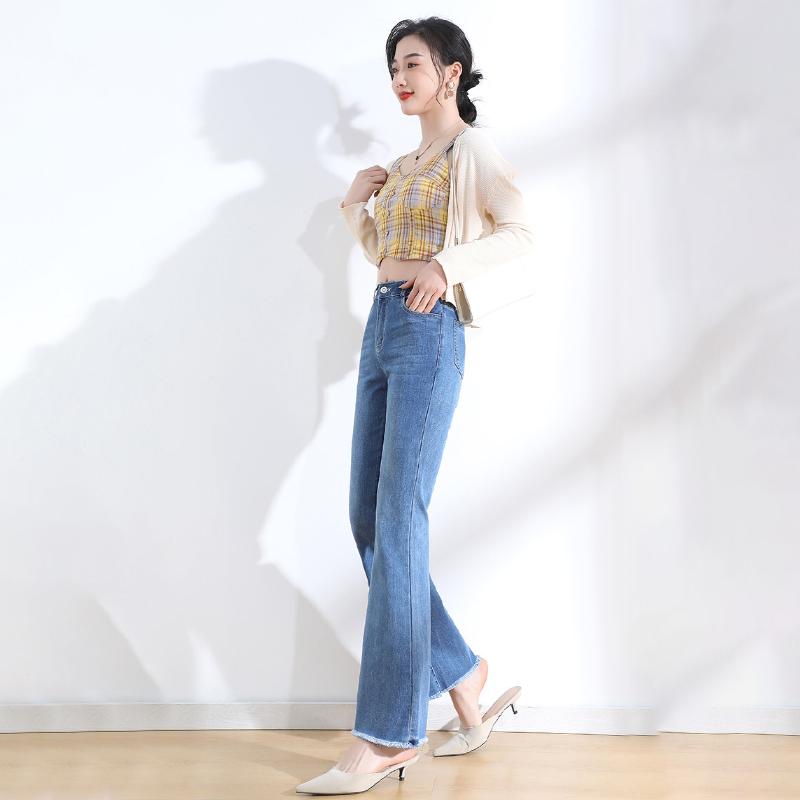 Blaue ausgestellte Jeans für Damen, hohe Taille, elastisch, schmal, Sommer, Retro-Rand, Y2K, lässige Streetwear, Vintage-Hose