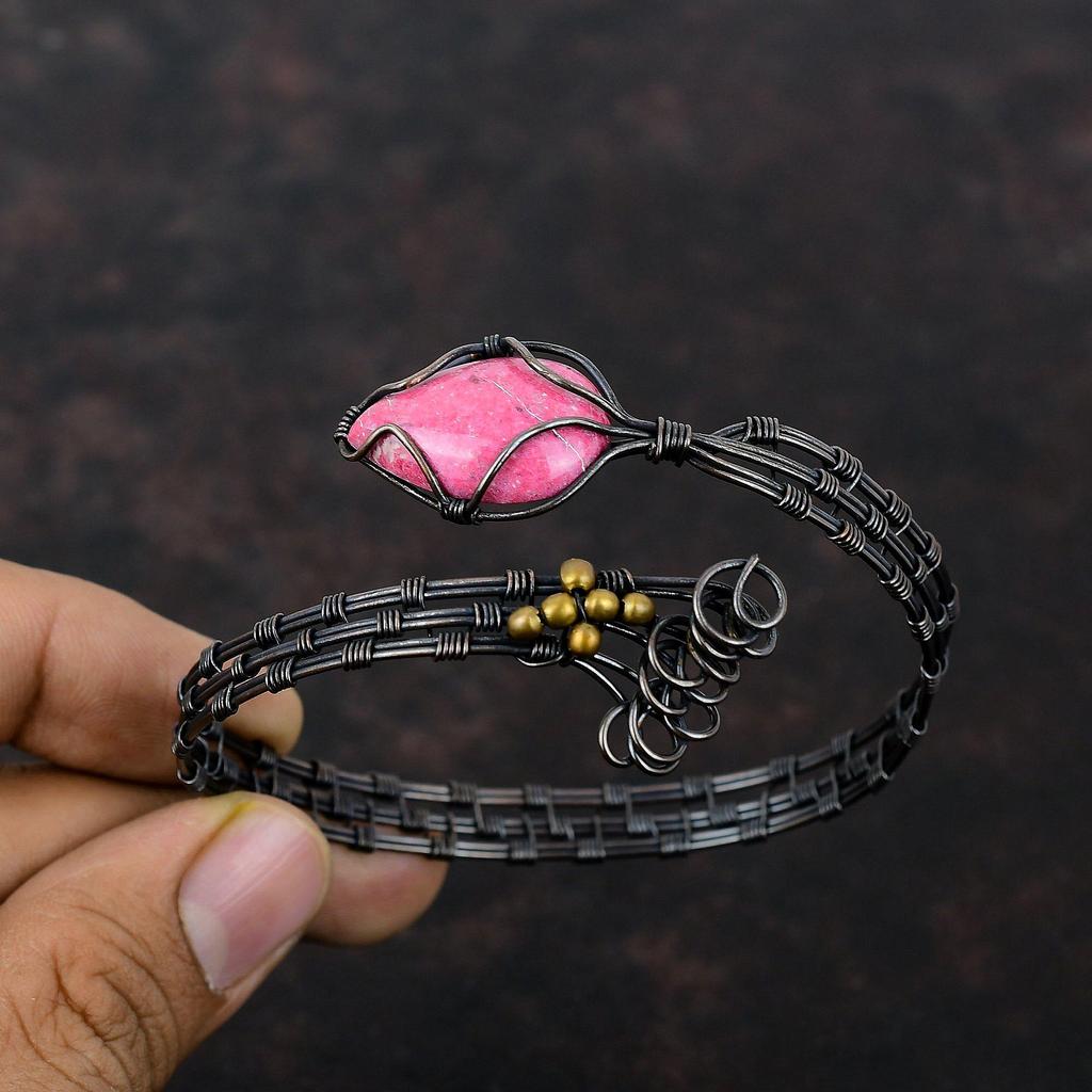 Thulite Cuff Bracelet Handmade Gemstone Bangle Copper Wire Wrapped Jewelry Adjustable Bangle Copper Wire Wrap Cuff Bracelet Gift For Mother