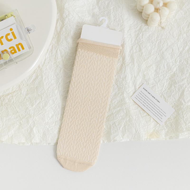 5/10 Pairs Comfortable Casual Spring Summer Solid Color Rolled Hem Pile Socks for Women Cute Mid Calf Socks Mesh Breathable Cotton Socks