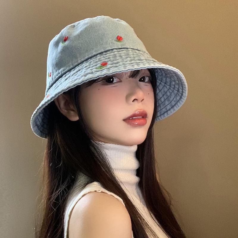 Fashionable Embroidered Cherry Denim Wide Brim Hat Unisex Summer Accessory Essential