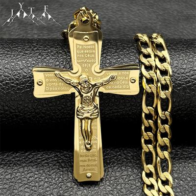 Christliches Jesus Kreuz Kruzifix Halskette für Mann Frau Edelstahl Goldfarbe Bibel Herren Kette Gebet Taufe Geschenk Schmuck