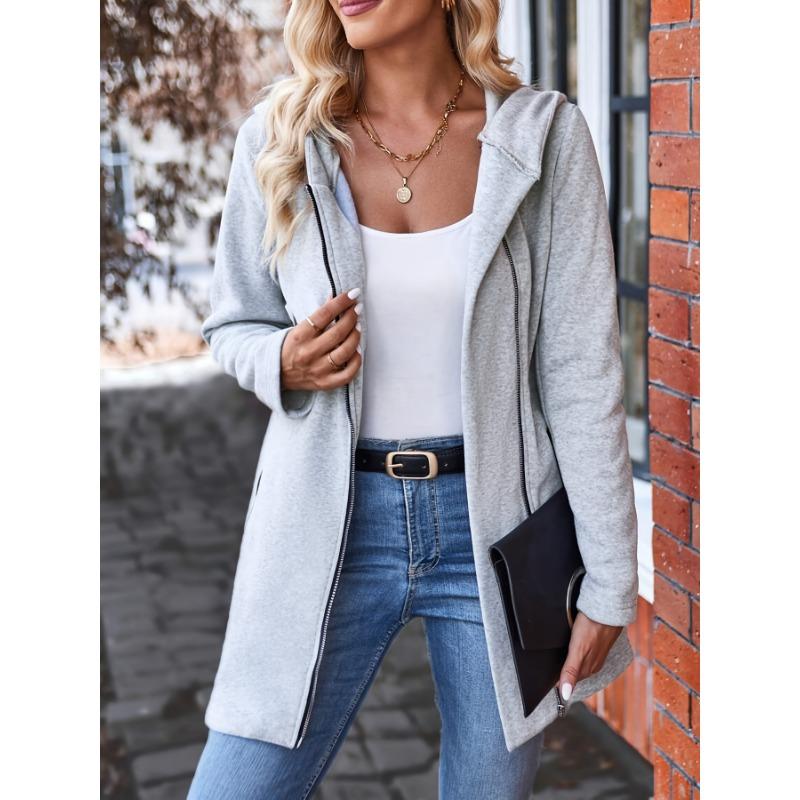 Zip-up Pockets Hoodie Jacket, Casual Long Sleeve Jacket For Fall & Winter, Women's Clothing