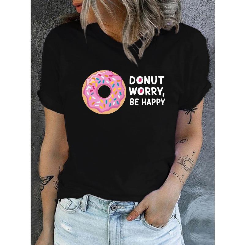 

Donut Print Crew Neck T-shirt, Casual Short Sleeve Top For Spring & Summer, Women s Clothing S чёрный