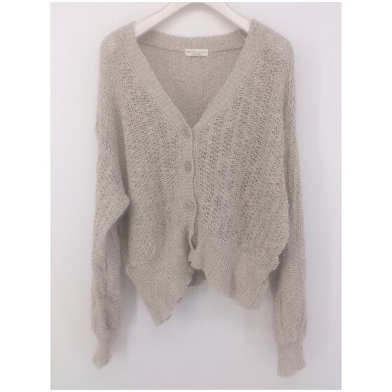 earth music&ecology linen blend V-neck long sleeve cardigan size F light beige ladies E [Used]