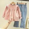 2pcs/set Baby Girls Cotton Cute Long  Sleeved  Sets Floral Shirt + Denim Flared Pants Suit Pullover