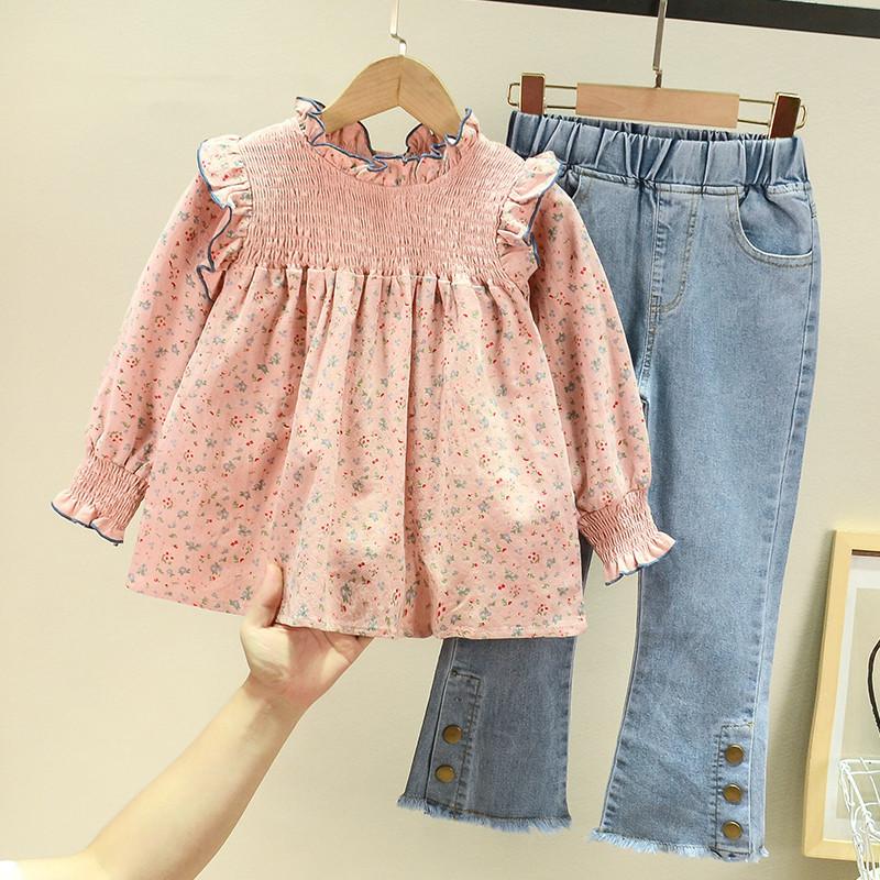 2pcs/set Baby Girls Cotton Cute Long Sleeved Sets Floral Shirt + Denim Flared Pants Suit Pullover