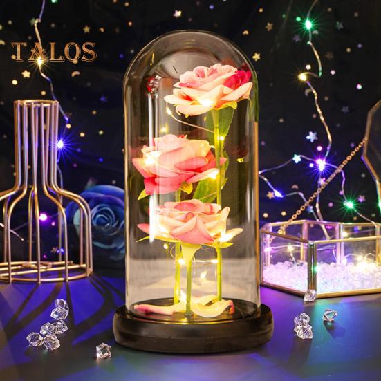 Preserved Rose In Glass Dome LED Light Up Eternal Flower Romantic Forever Rose Gift for Women Valentine's Day Mother's Day