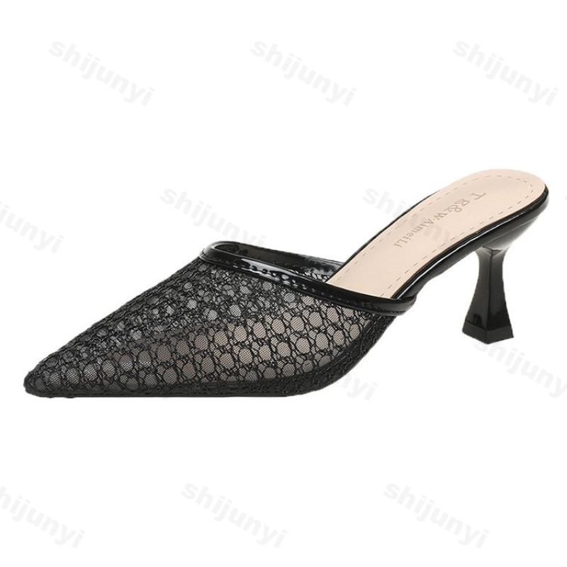 Fashion Women Slippers Summer Pointed Toe Breathable Thin Heels Sandals 2025 Fashion Mesh Closed Toe Outdoor Dress Slippers Plus Size 41