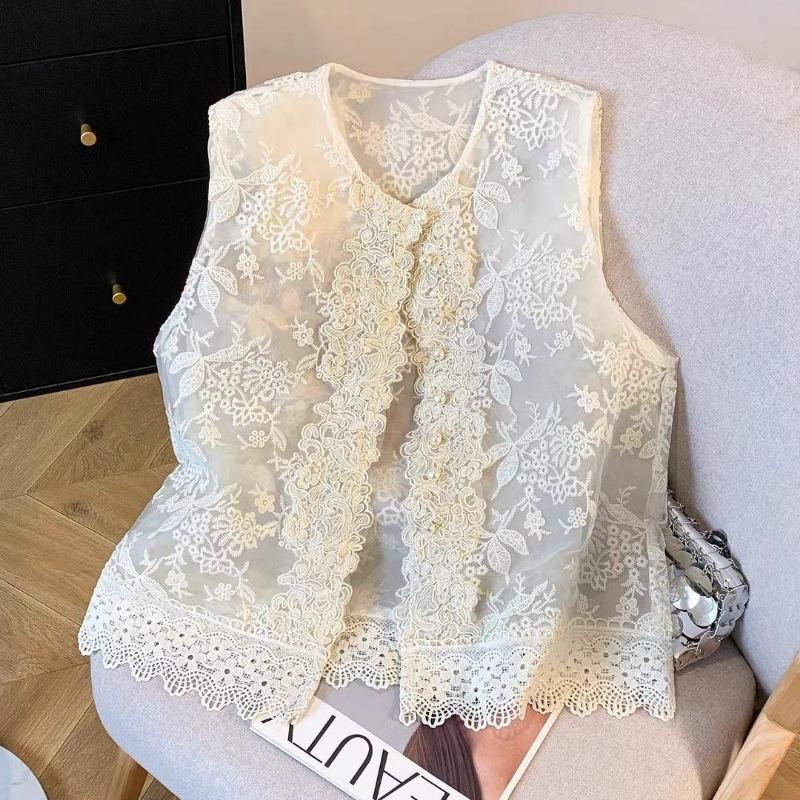 Women Floral Embroidered Lace Round Neck Sleeveless Vest M