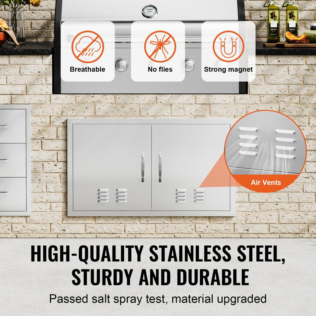 VEVOR BBQ Access Door, 914x534 Mm Double Outdoor Kitchen Door, Stainless Steel Flush Mount Door, Wall Vertical Door with Handles and Vents