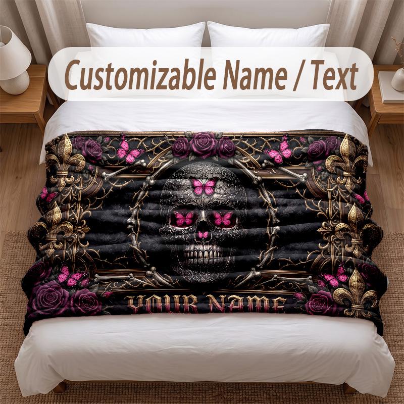Skull Gothic Theme Soft Blanket Personalized Custom Name Text Print Warm Blanket Home Sofa Bedroom Decor