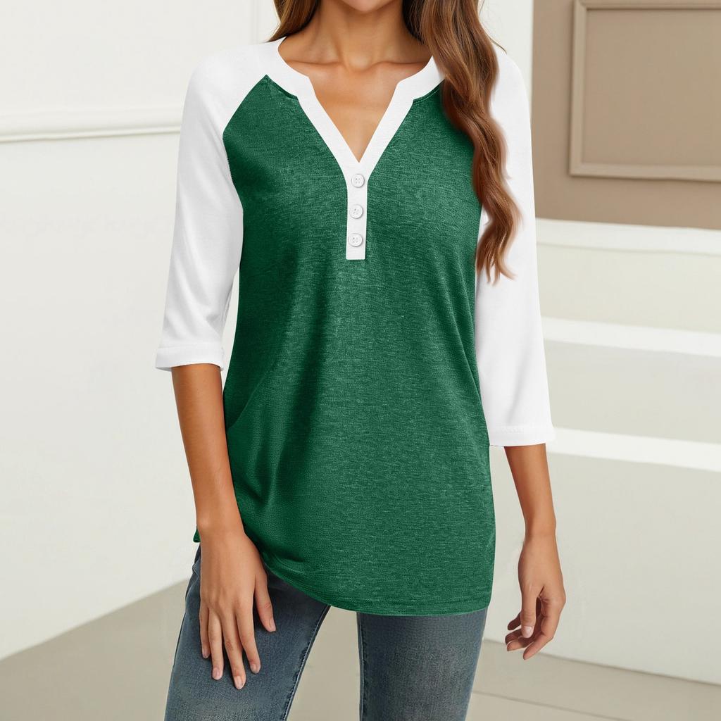 Women's Fashion Casual Raglan Sleeve Colorblock V-Neck Three-quarter Sleeve Decorative Button T-shirt Top