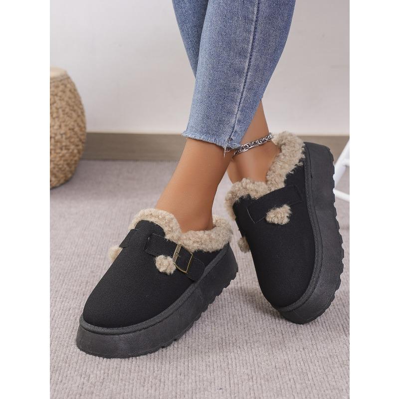 Fashionable Fall/Winter Thick-Soled Fuzzy Buckle Warm Cotton Slippers - Casual Oversized New Style Women's Shoes
