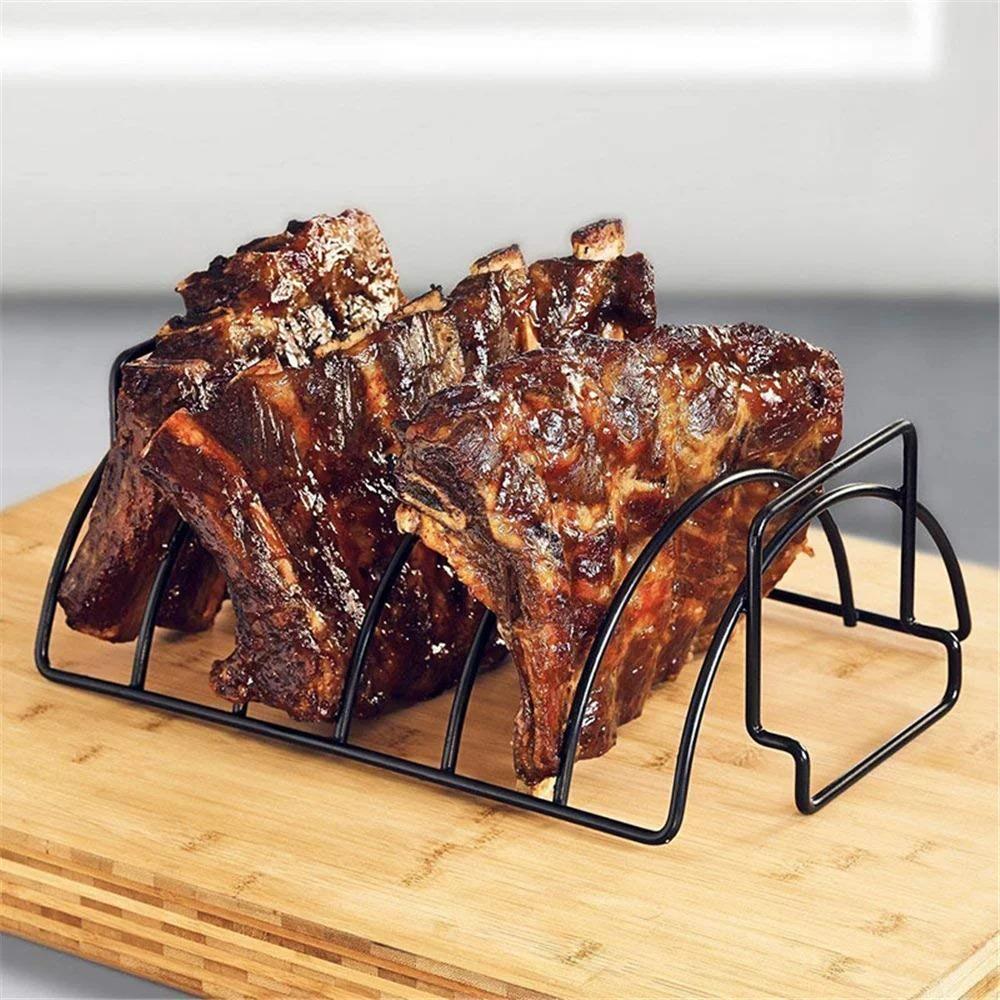 Non-Stick BBQ Rib Rack Stand Barbecue Steaks Racks Stainless Steel Chicken Beef Ribs Grill Black for Gas Smoker BBQ Tools Bbq