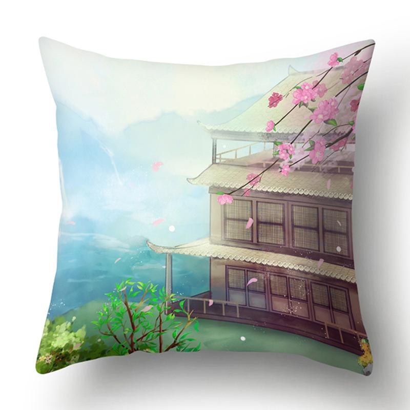 

Polyester Pillow Case Ancient Style Landscape National Style Building Home Soft Furnishing Cushion Cover Premium Pillow core not included