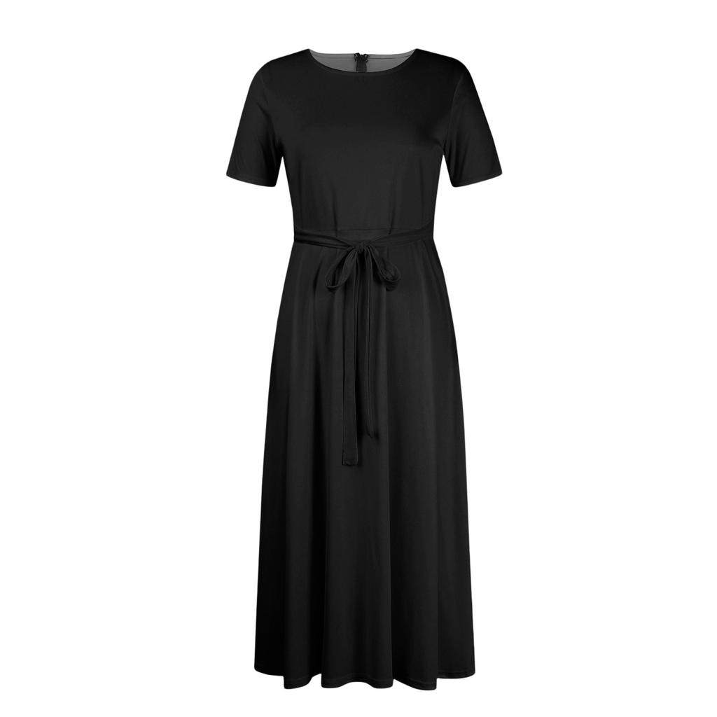 Women's Casual Fashion Large Size Color Round Neck Short Sleeve Pocket Straps Swing Dress