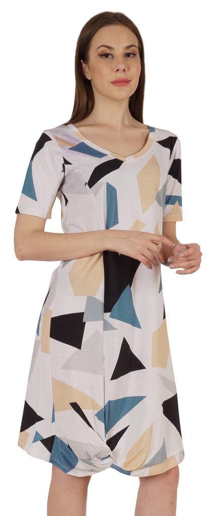 Moomaya Cotton Jersey Printed Midi Dress For Women V-Neck Summer Short Sleeves Knee Length