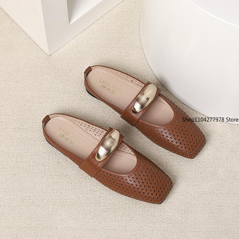 Fashion Spring New Flat Shoes 2025 Round Head Shallow Mouth Breathable Metal Buckle Soft Sole Non-slip Single Shoes Women's Hollow Mules