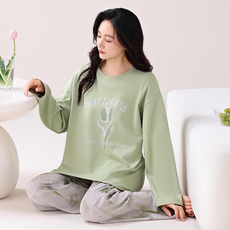 Women's Double-Sided Cotton Pajama Set: High-End, Skin-Friendly, Round Neck Pullover - Perfect for Home Wear