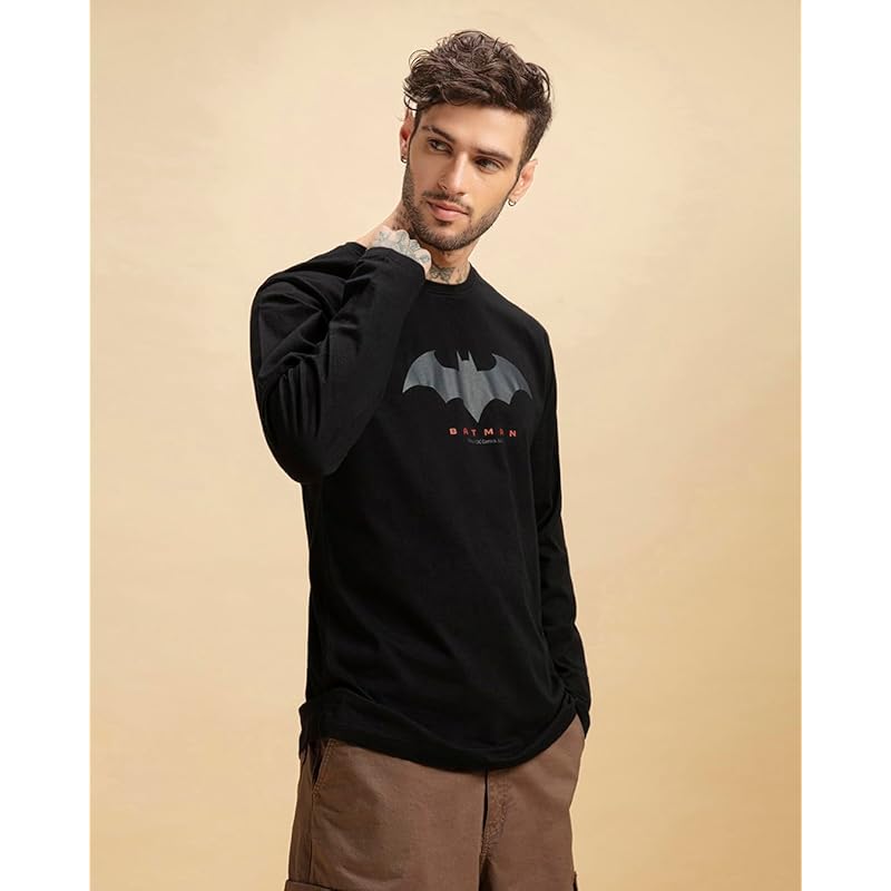 Bewakoof Men s Batman Graphic Printed 100% Cotton T-Shirt - Regular Fit, Round Neck, Full Sleeves L зелёный